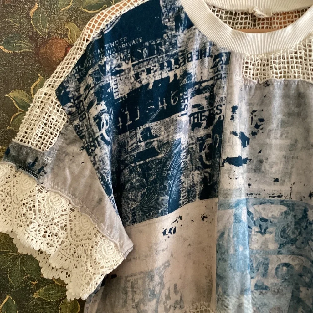 Anthropologie Pilcro Mixed Media Torn Lace Tee Blouse Short Sleeve Top Boho - Picture 4 of 12